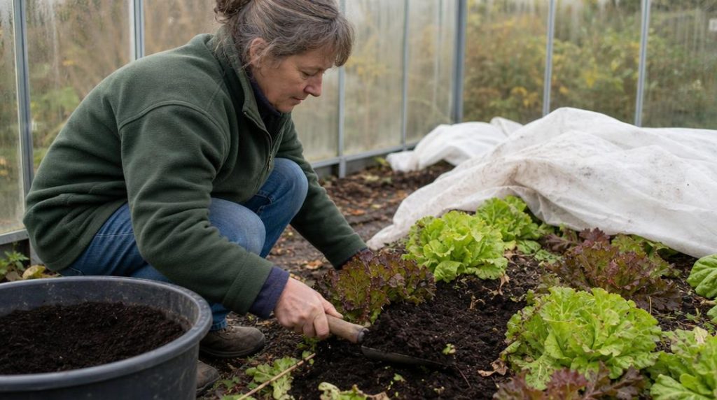 Compost et voile d'hivernage autour de salades