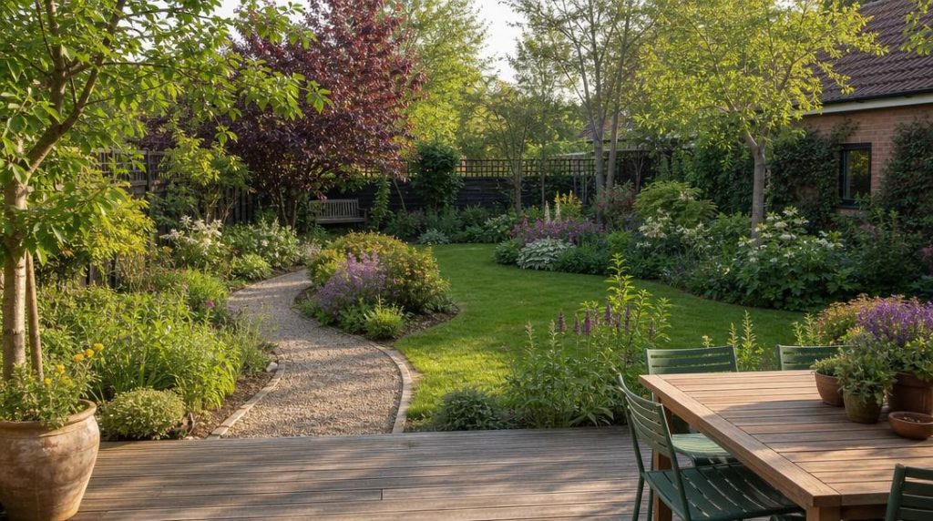 Jardin aménagé avec terrasse, allée et massifs fleuris