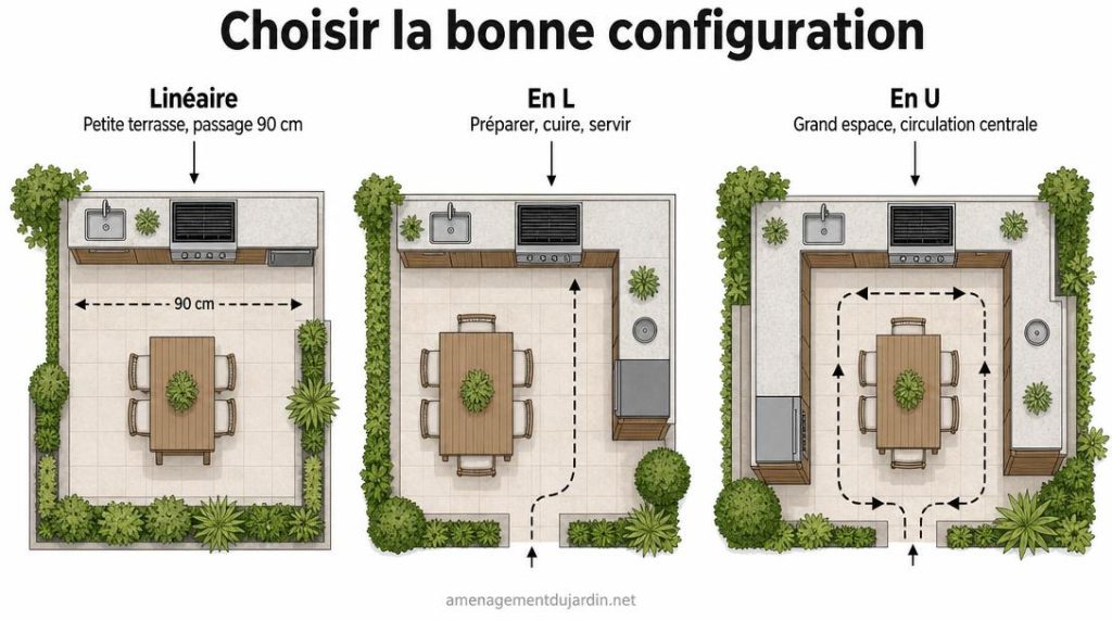 Schéma de cuisines extérieures linéaire en L et U