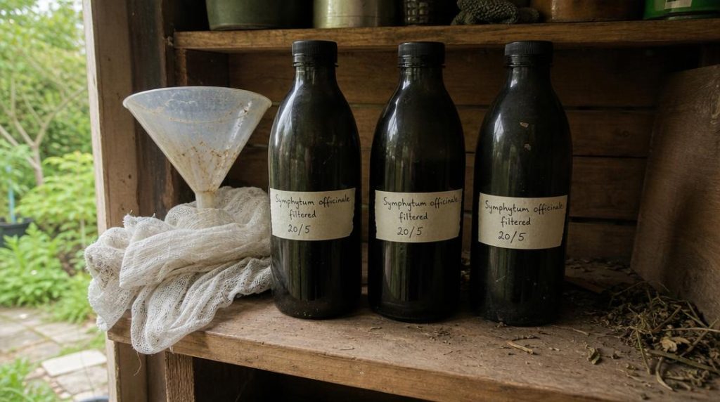 Bouteilles opaques de purin filtré rangées à l'ombre