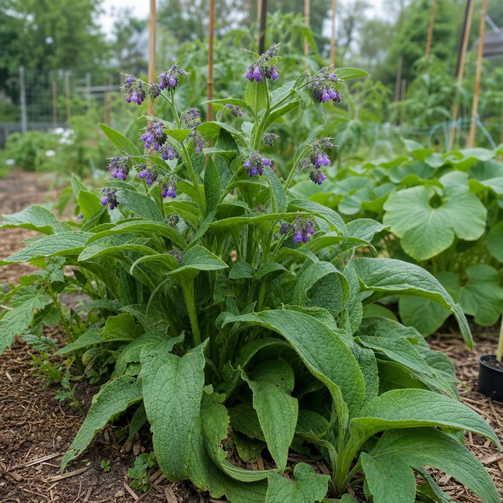Fleurs violettes et larges feuilles de consoude au potager