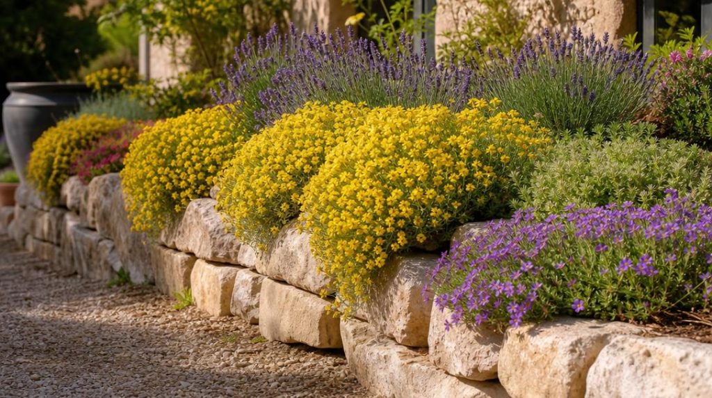 Bordure fleurie avec corbeille d'or sur muret