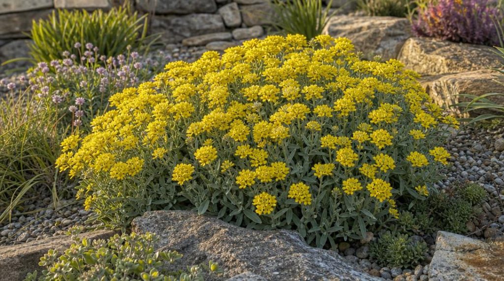 Corbeille d'or jaune dans une rocaille ensoleillée
