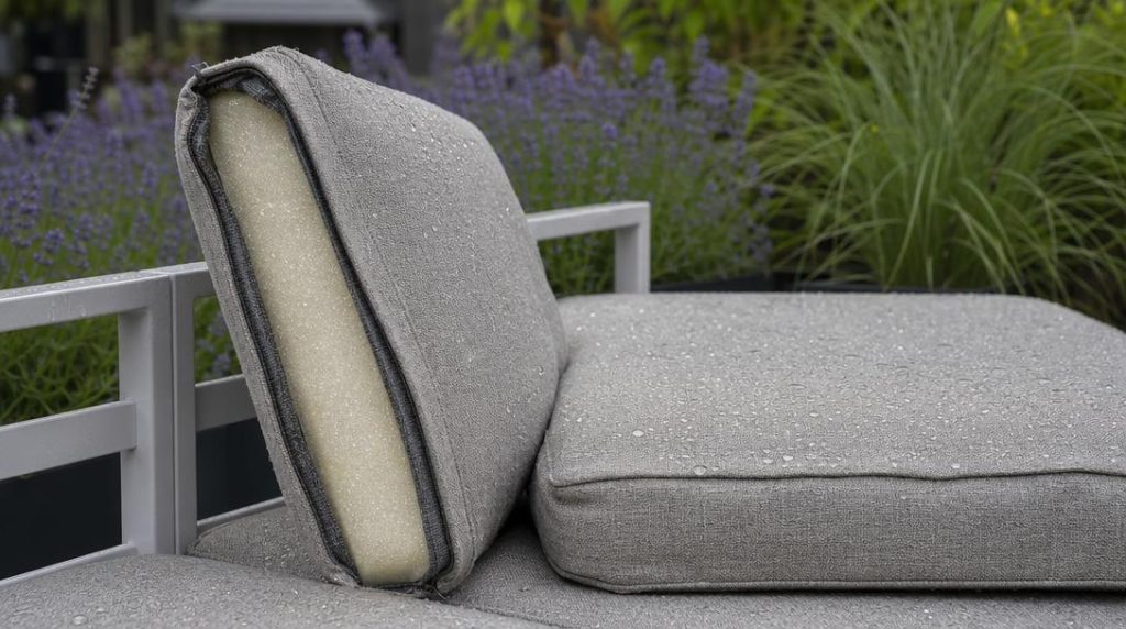 Coussin déperlant avec gouttes d’eau sur canapé extérieur