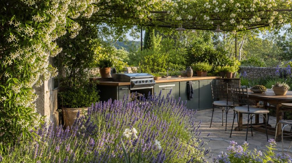 Cuisine d'été aménagée sur terrasse dans jardin fleuri