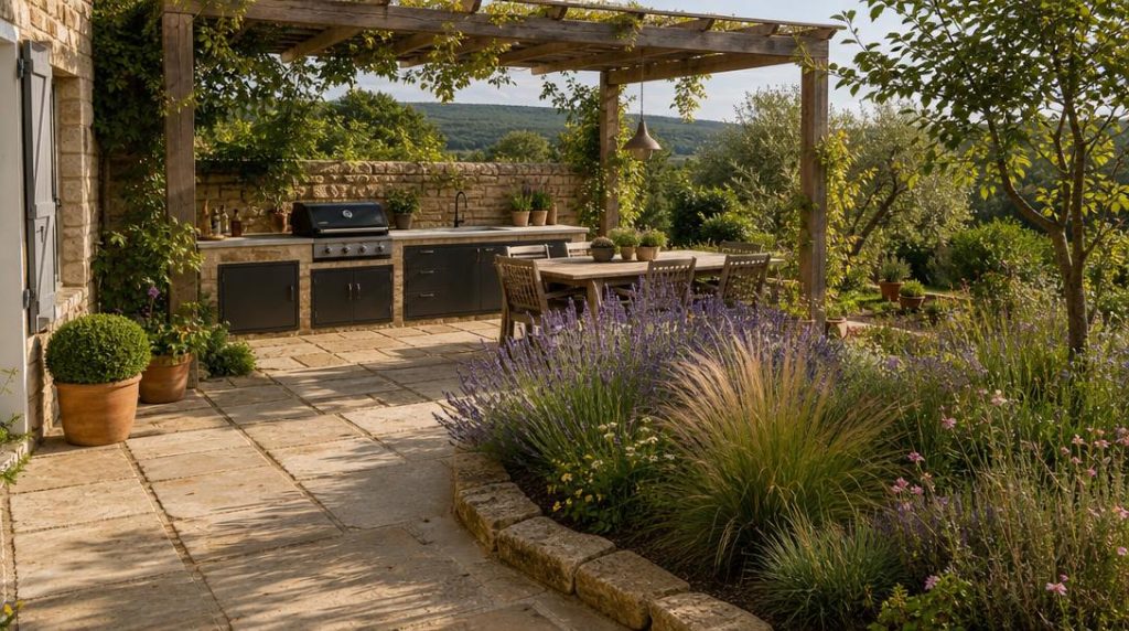 Cuisine d'extérieur aménagée près d'une terrasse végétalisée