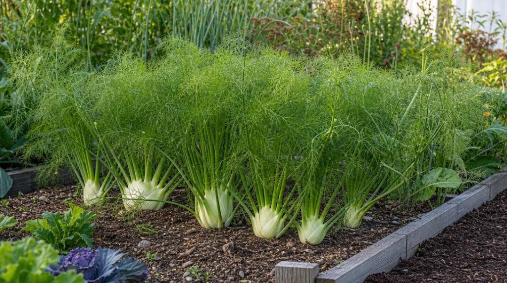 Bulbes de fenouil mûrs dans un potager paillé