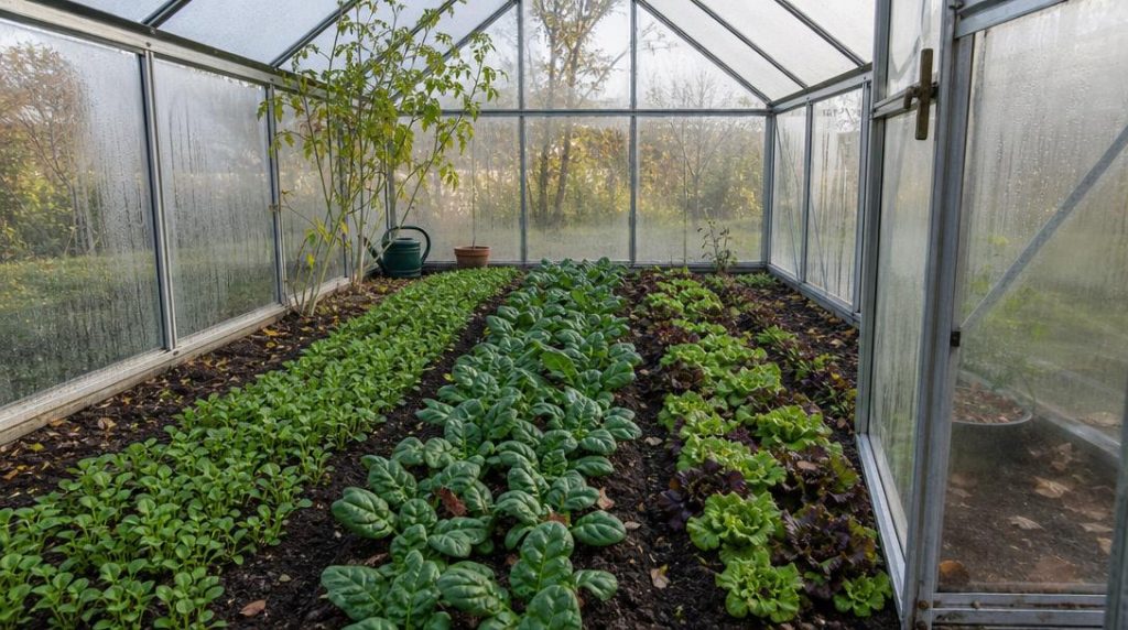 Mâche et épinards dans une serre en automne