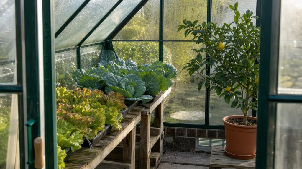 Légumes d'hiver et citronnier dans une serre