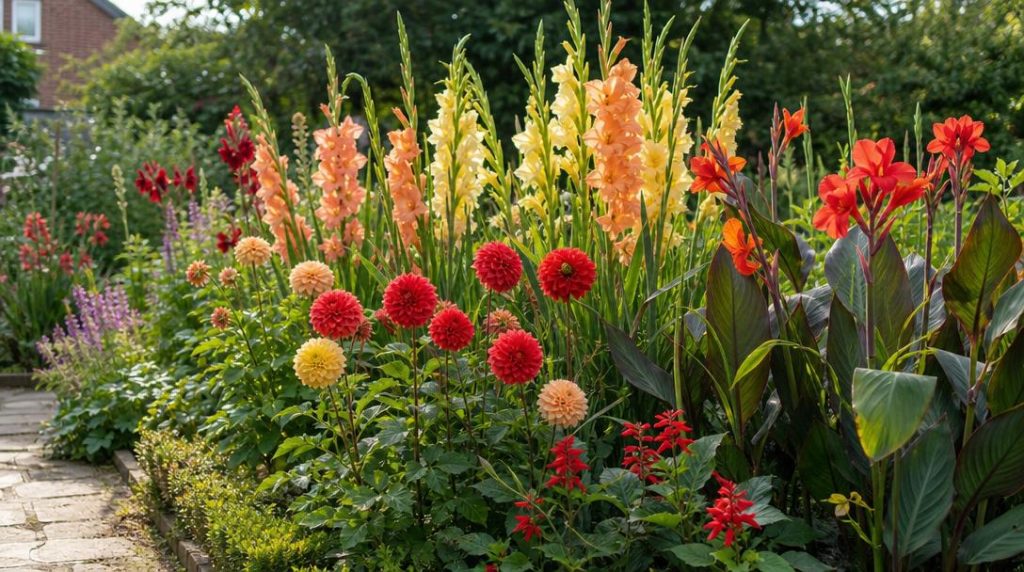 Dahlias, glaïeuls et cannas dans un massif ensoleillé