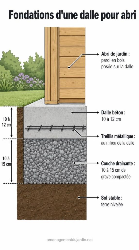 Coupe de dalle avec couche drainante sous abri