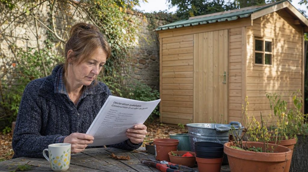 Propriétaire vérifiant son dossier près d’un abri de jardin