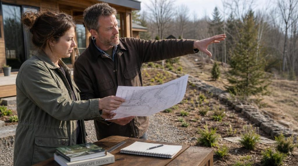 Paysagiste et propriétaire étudient un plan de jardin