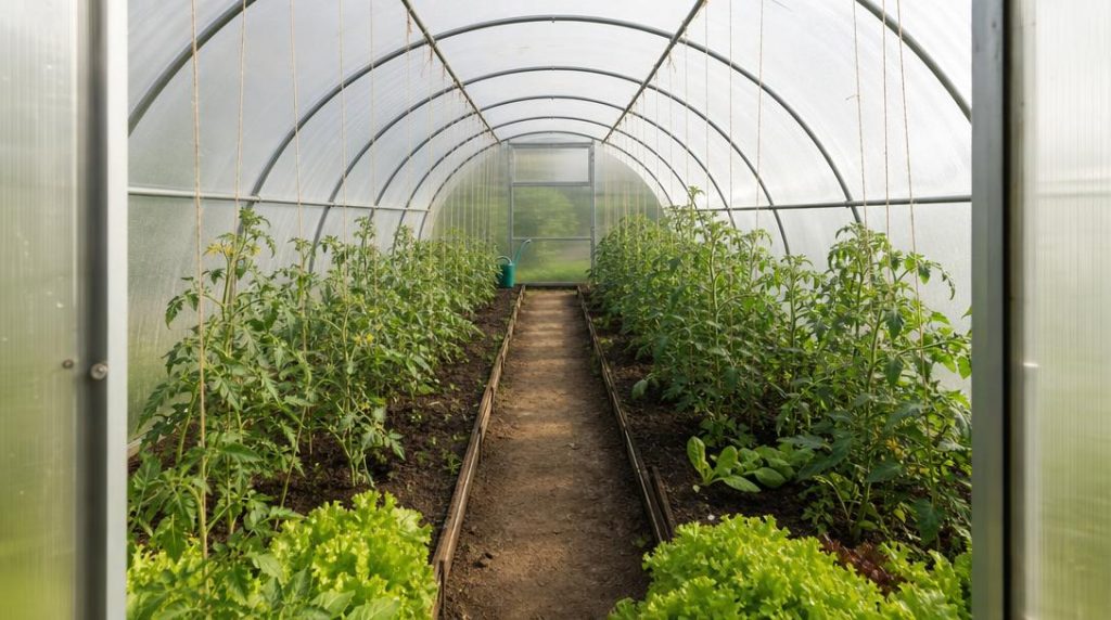 Allée centrale et rangs cultivés sous serre tunnel