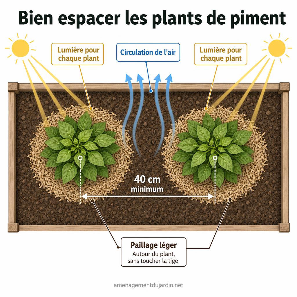Schéma de distance entre deux plants de piment