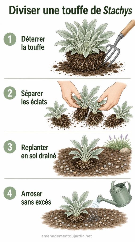 Étapes de division d'une touffe de Stachys