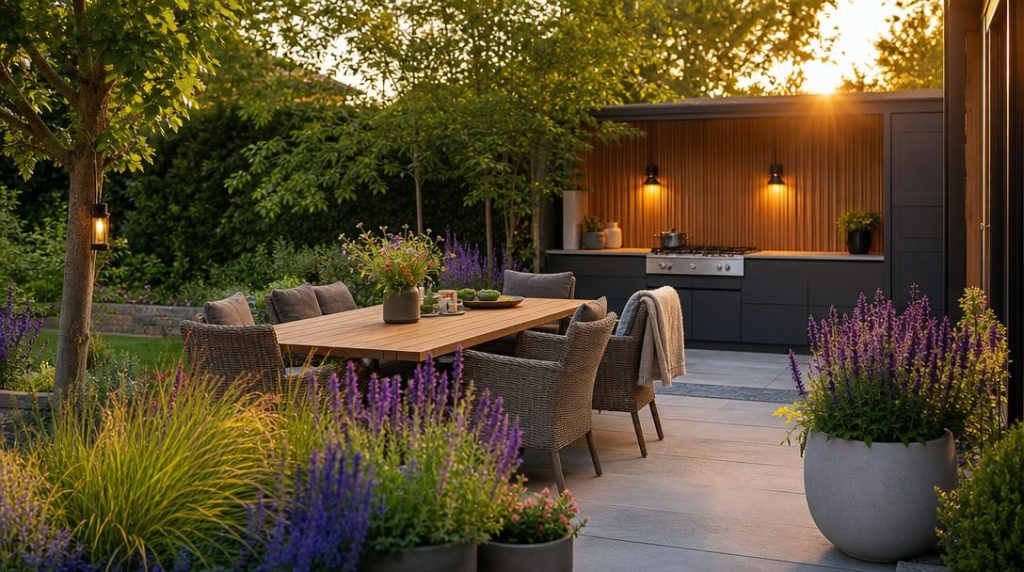 Coin repas éclairé près d'une cuisine de jardin