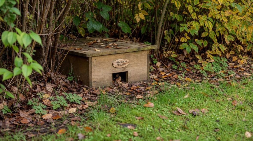 Abri en bois posé près d'arbustes denses