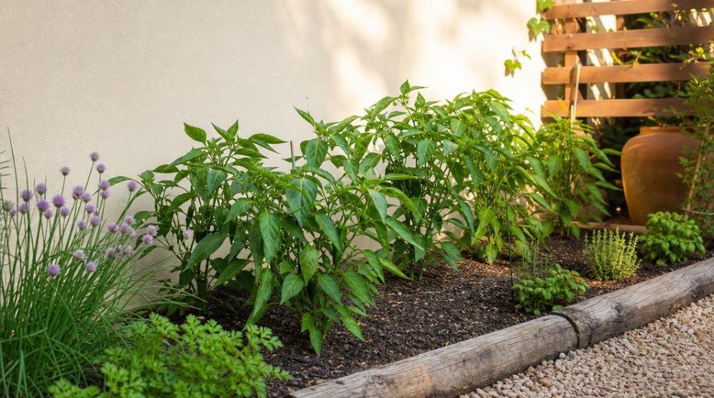 Jeunes plants de piment près d’un mur ensoleillé