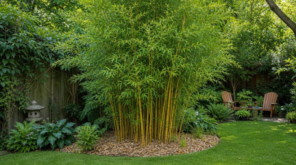 Massif de bambous verts paillés dans un jardin familial