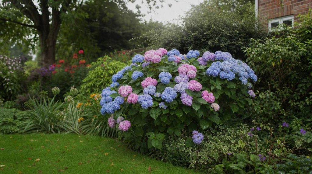 Hortensia fleuri dans un jardin lumineux et ombragé