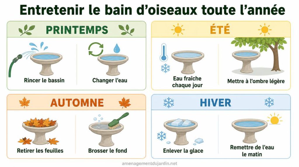 Calendrier saisonnier pour entretenir un bain d’oiseaux
