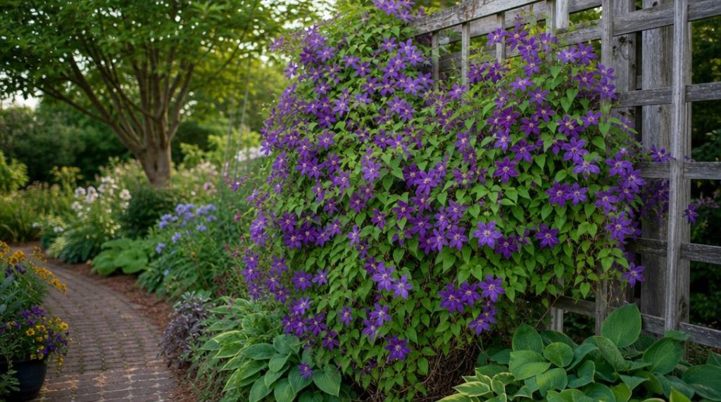 Clématite violette fleurie sur treillage dans jardin paillé