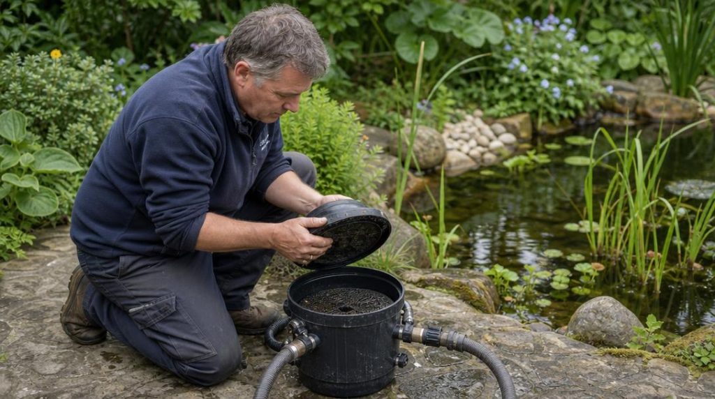 Jardinier vérifiant le filtre près du bassin