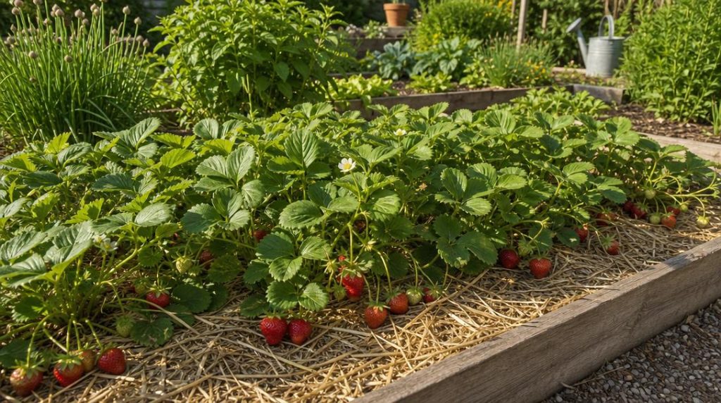 Fraisiers paillés portant des fraises rouges au potager