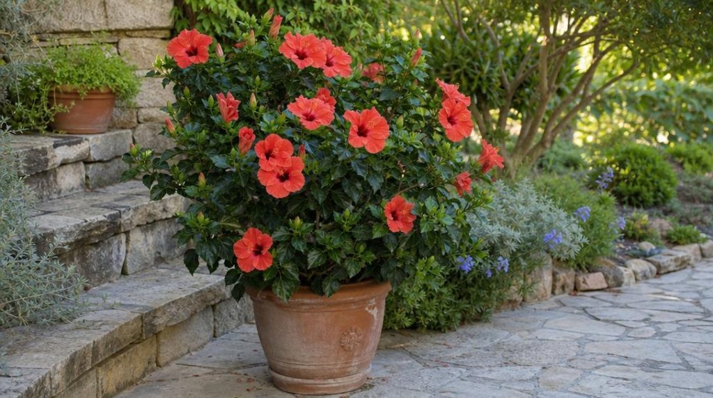 Hibiscus en pot fleuri près d'une terrasse de jardin