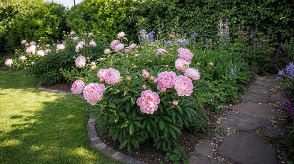 Massif de pivoines roses en fleurs au soleil