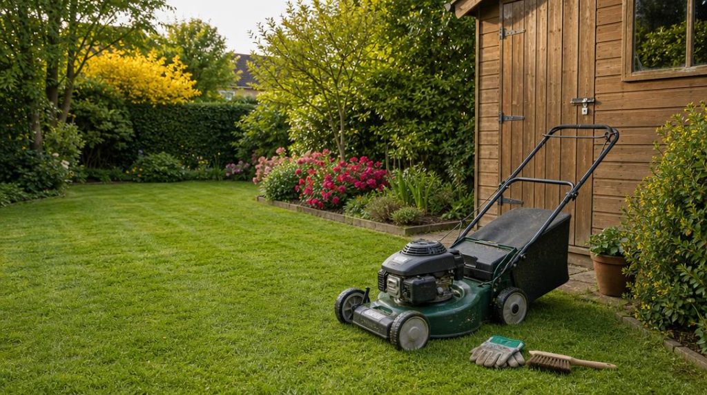 Tondeuse entretenue près d'une pelouse fraîchement tondue