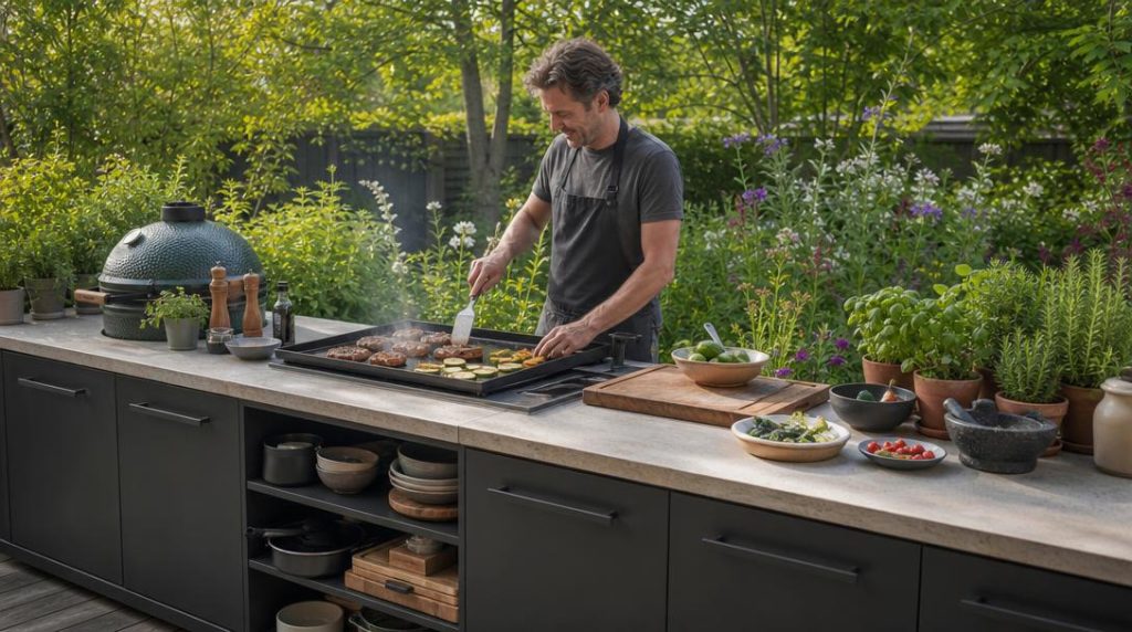 Plancha, barbecue et rangements sur un plan extérieur