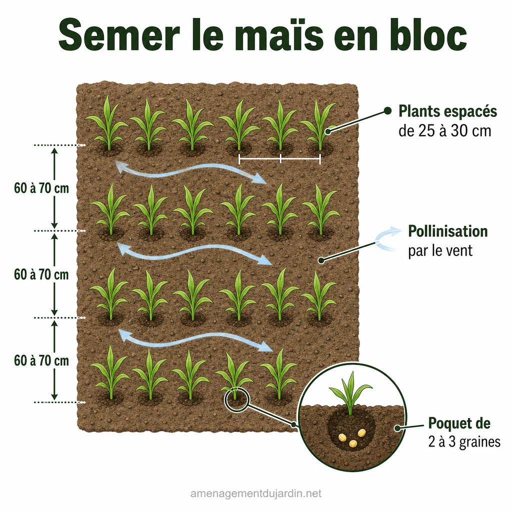Schéma d’espacement du maïs doux planté en bloc