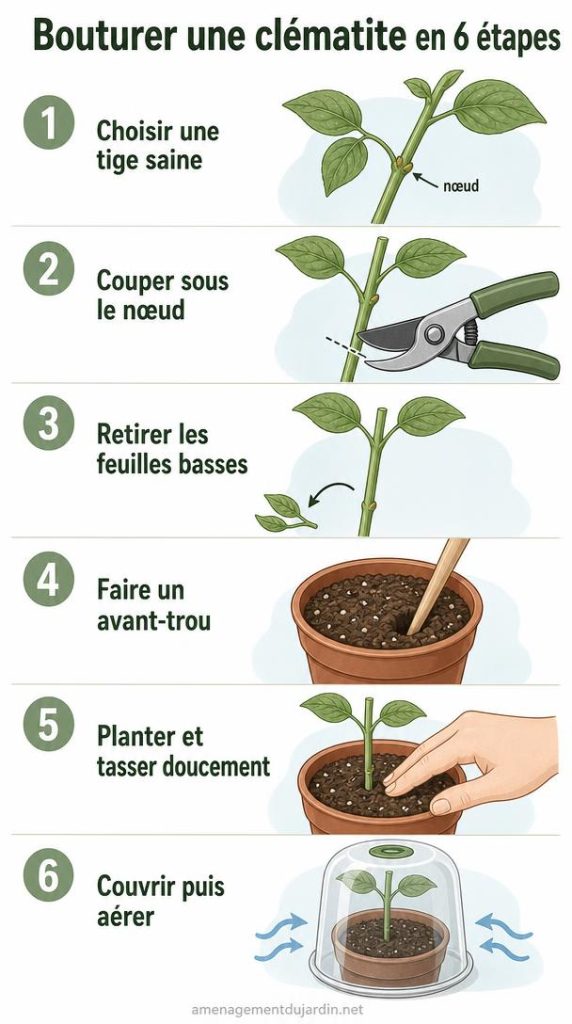 Six étapes illustrées pour bouturer une clématite