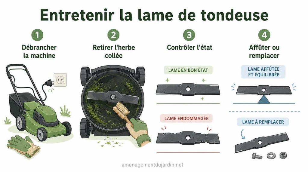 Étapes illustrées pour contrôler et entretenir une lame