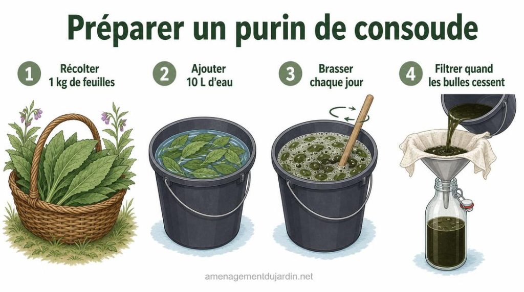Étapes illustrées de préparation du purin de consoude