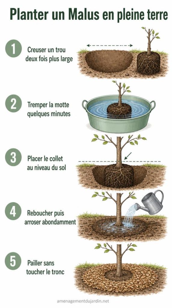 Étapes illustrées pour planter un Malus en pleine terre