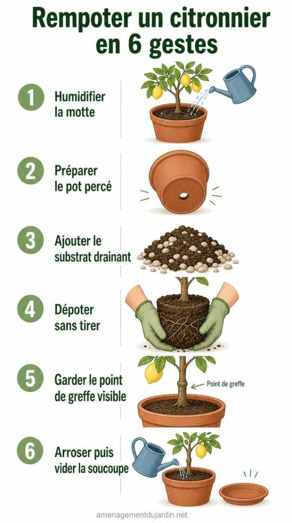 Six étapes illustrées pour rempoter un citronnier