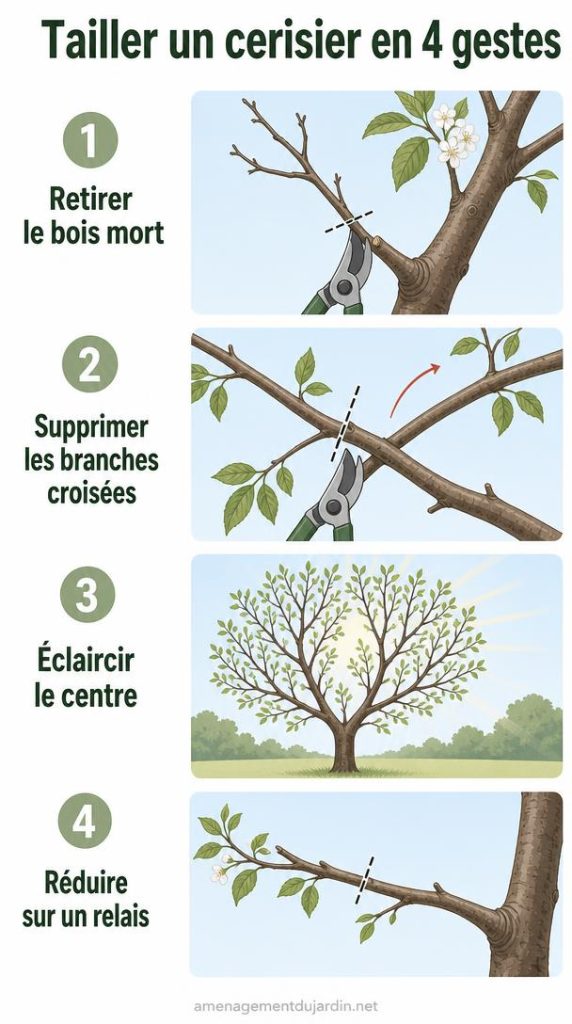 Quatre étapes illustrées pour tailler un cerisier
