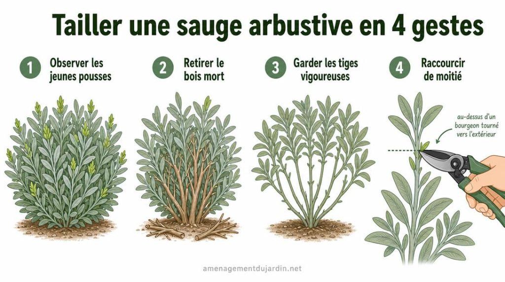 Étapes illustrées pour tailler une sauge arbustive