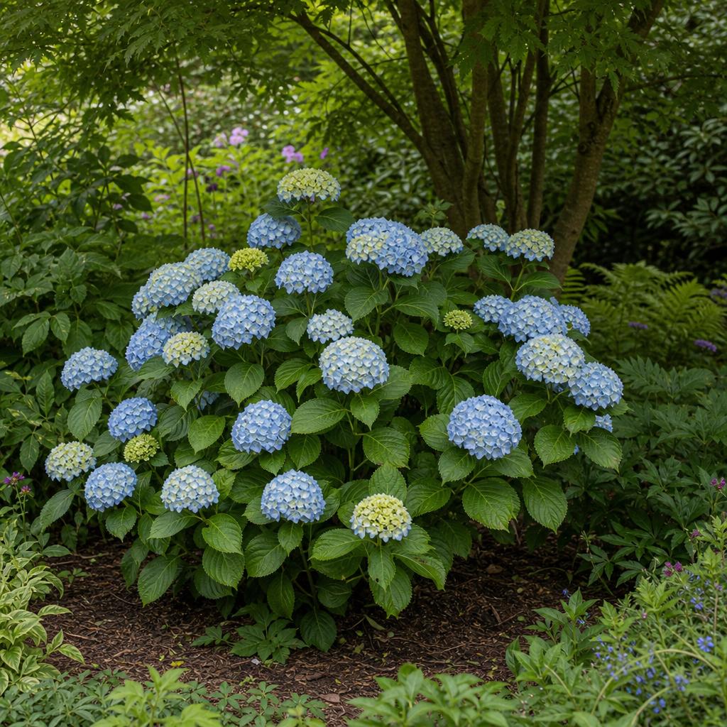 Hortensia bleu en mi-ombre sur sol paillé