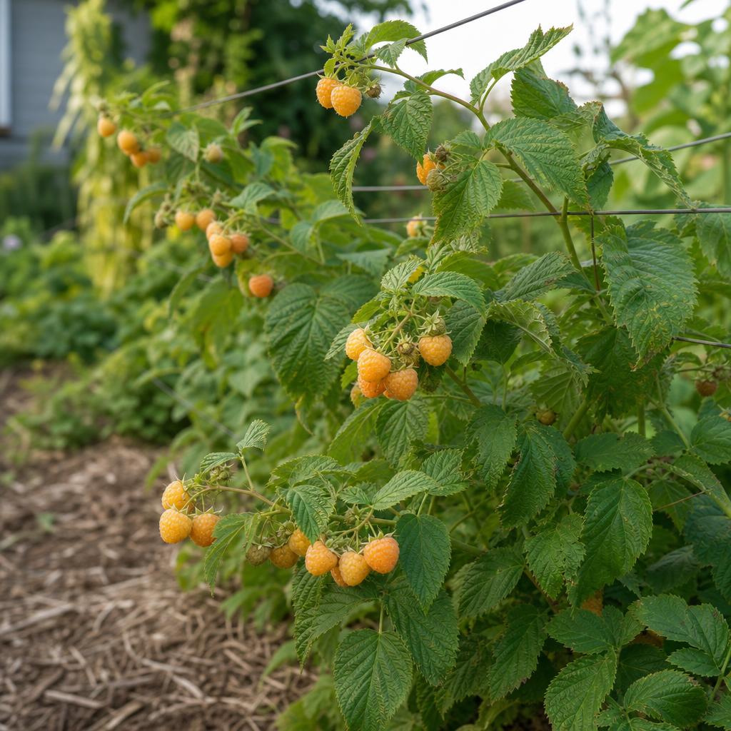Framboises Fall Gold dorées sur cannes feuillues