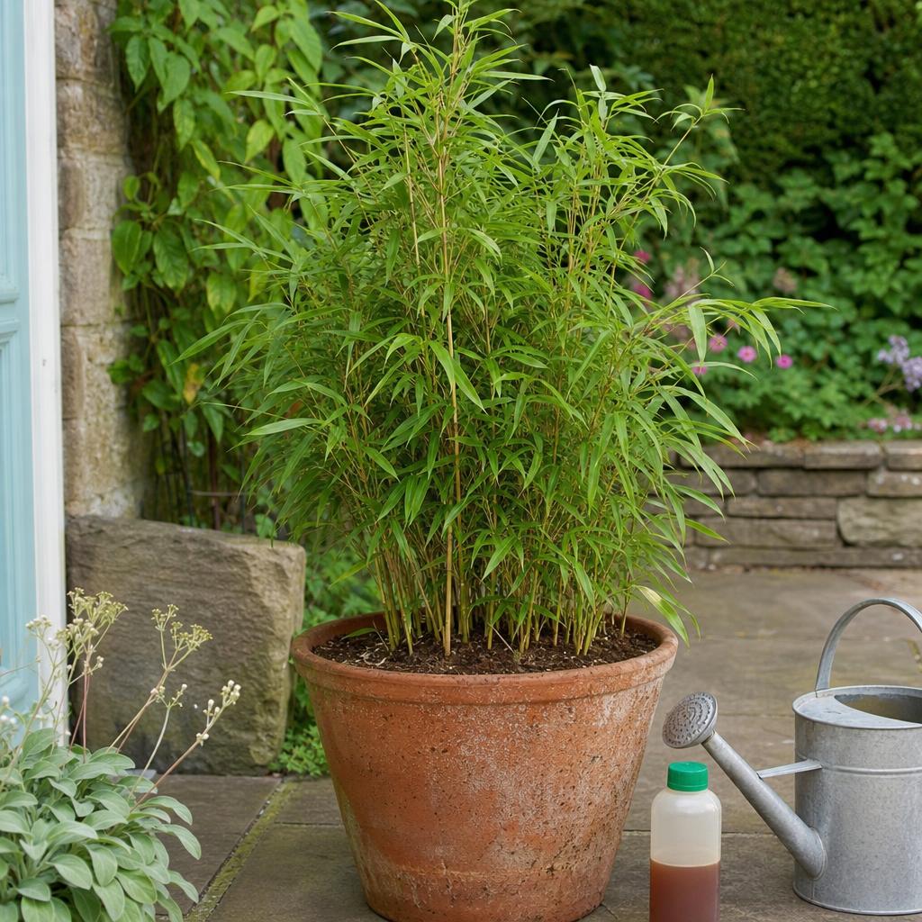 Bambou en pot avec arrosoir sur une terrasse jardin