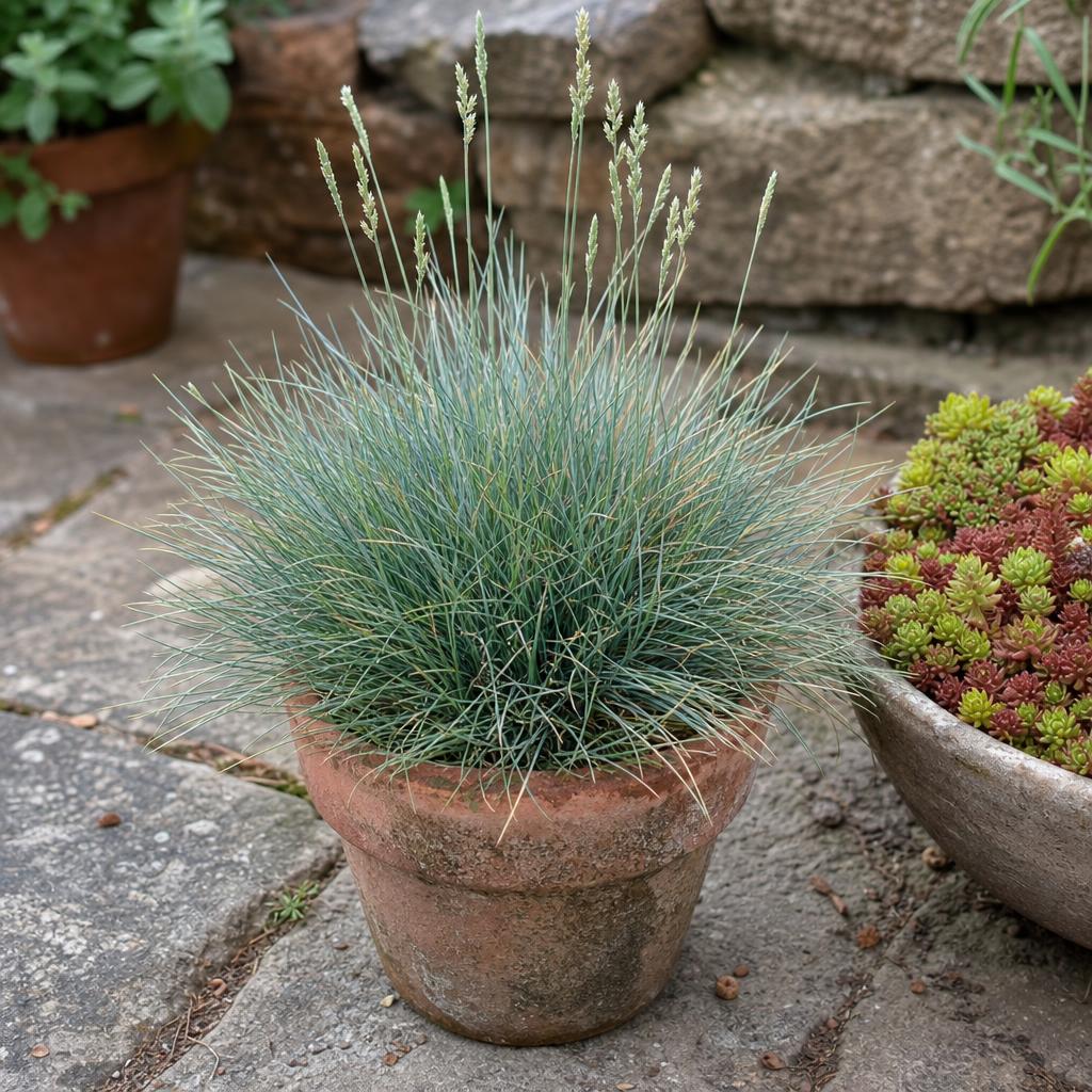 Fétuque bleue compacte dans un petit pot en terre