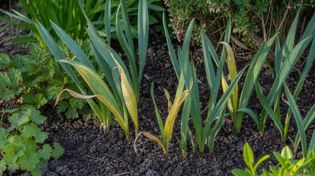 Feuillage de tulipes jaunissant dans un massif printanier