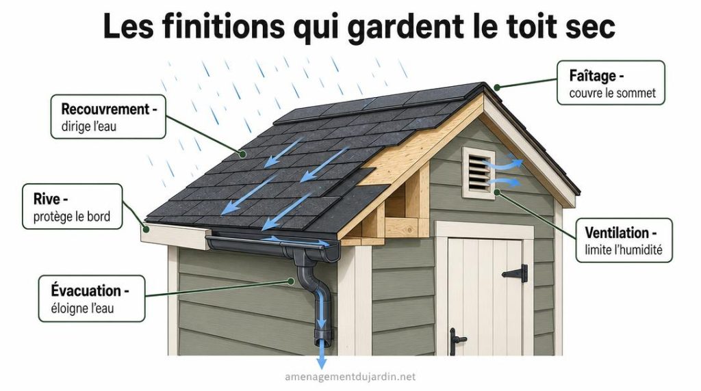 Schéma des rives et évacuations d’un toit d’abri
