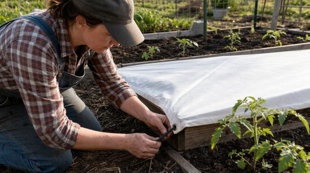 Main fixant une protection avec sandow au jardin