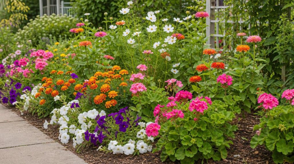 Massif coloré de pétunias zinnias et œillets d’Inde