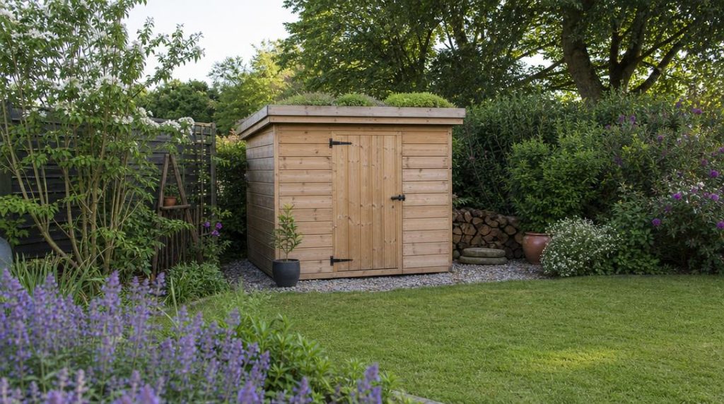 Abri bois sur base drainante dans un jardin